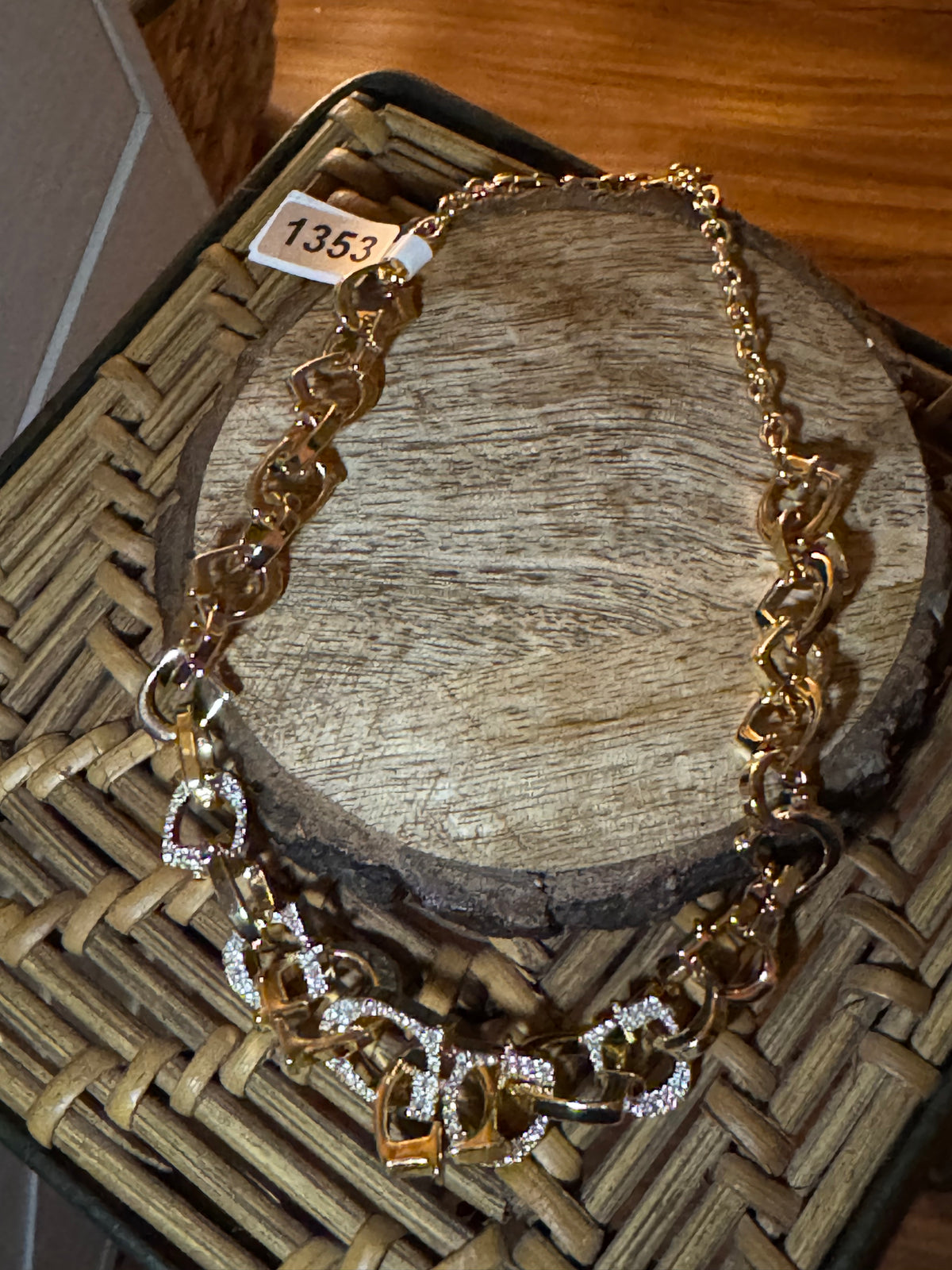 Signed Gold Tone Guess G Link Necklace with Pave Crystals