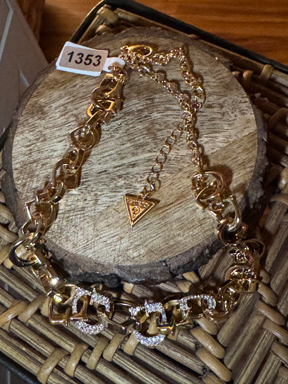 Signed Gold Tone Guess G Link Necklace with Pave Crystals