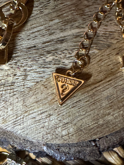 Signed Gold Tone Guess G Link Necklace with Pave Crystals