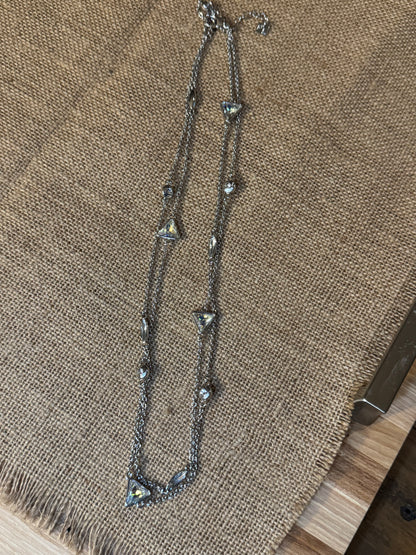 Signed Park Lane Long Silver Crystal Station Necklace