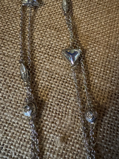 Signed Park Lane Long Silver Crystal Station Necklace