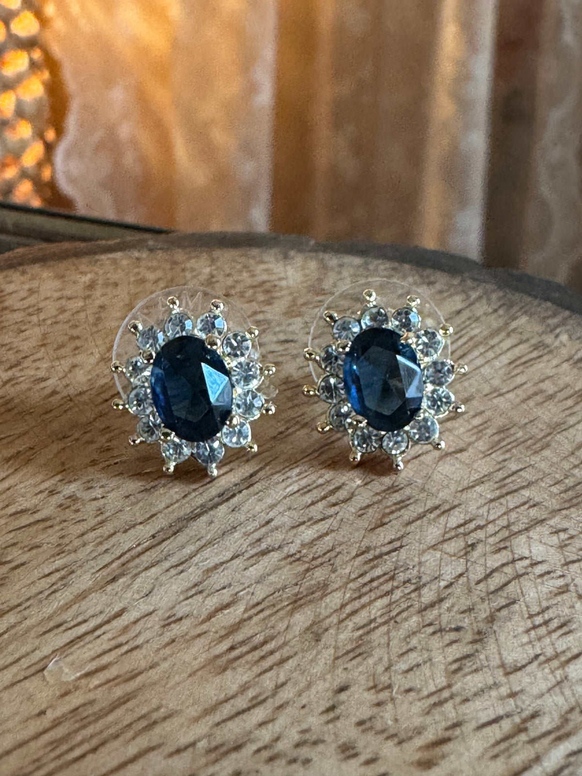 Vintage Signed Roman Blue-Green Gemstone and Rhinestone Post Earrings