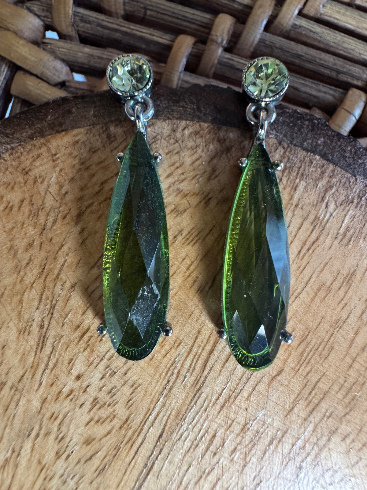 Long Green Gemstone Dangle Post Earrings
