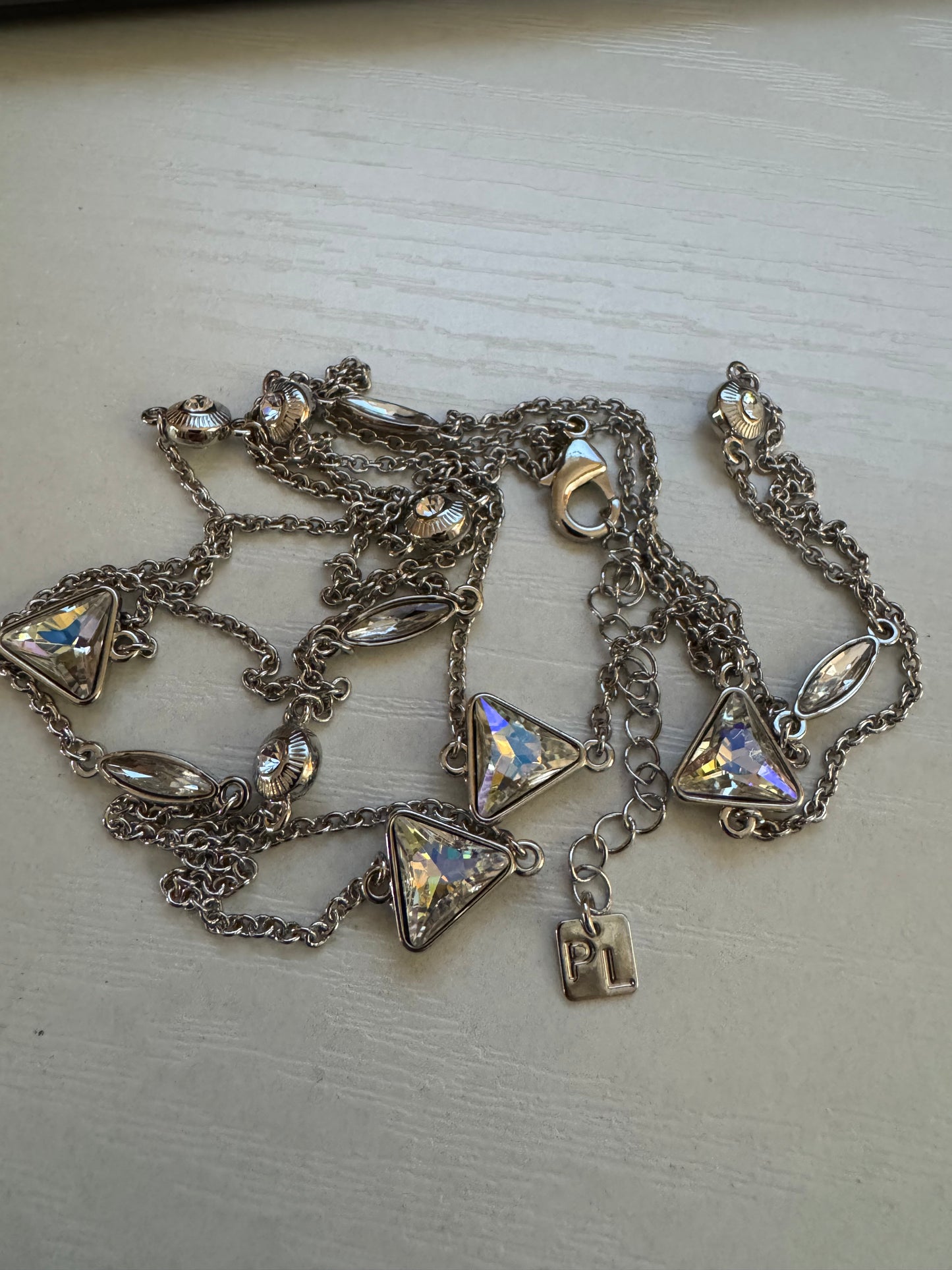 Signed Park Lane Long Silver Crystal Station Necklace