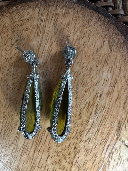 Long Green Gemstone Dangle Post Earrings