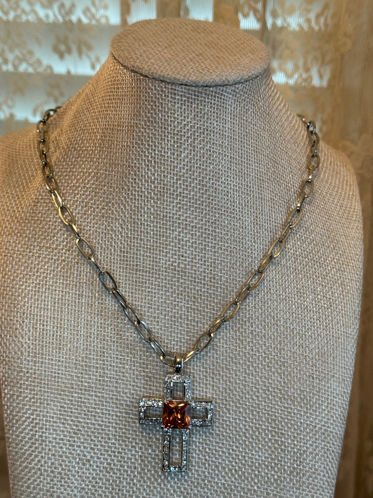 Silver Tone Cross with Orange Glass Square Stone and Crystals Pendant Necklace