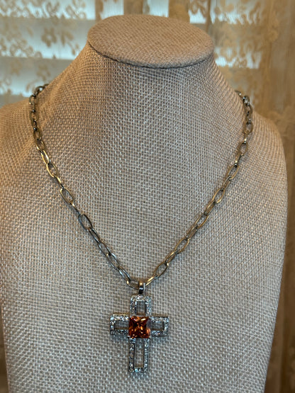 Silver Tone Cross with Orange Glass Square Stone and Crystals Pendant Necklace