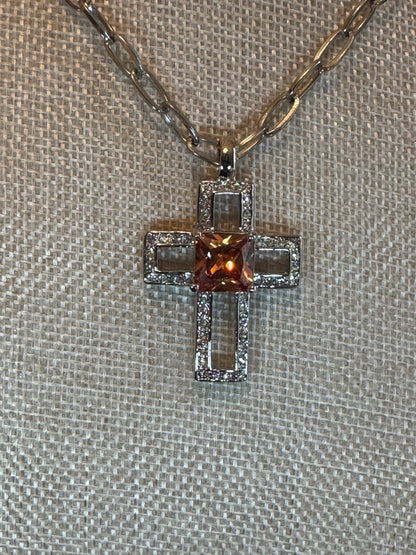Silver Tone Cross with Orange Glass Square Stone and Crystals Pendant Necklace