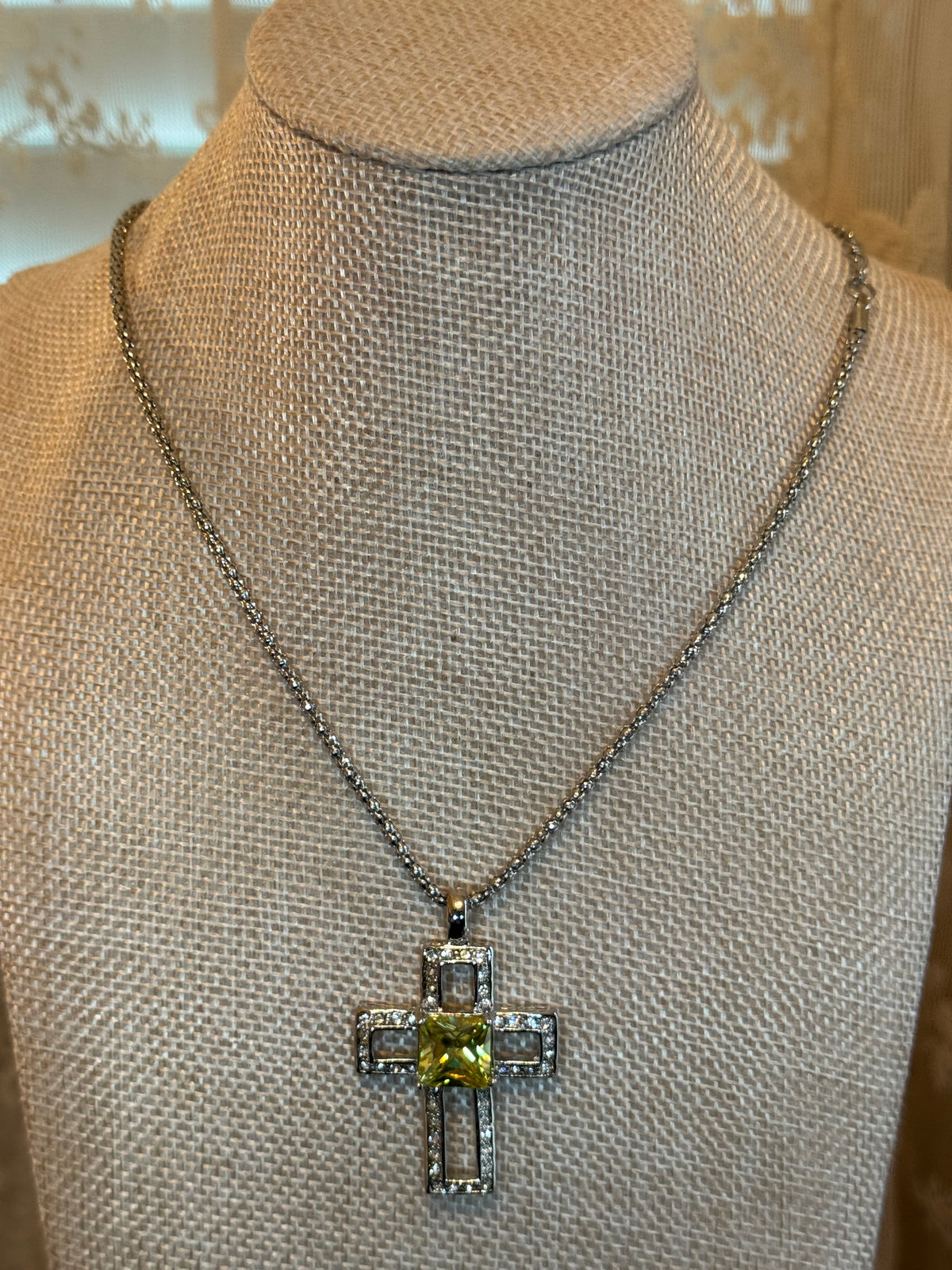 Silver Tone Cross with Yellow Glass Square Stone and Crystals Pendant Necklace