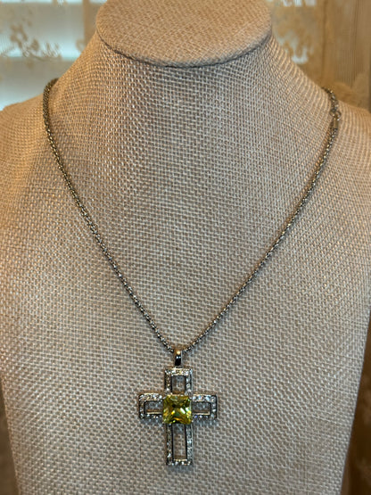 Silver Tone Cross with Yellow Glass Square Stone and Crystals Pendant Necklace