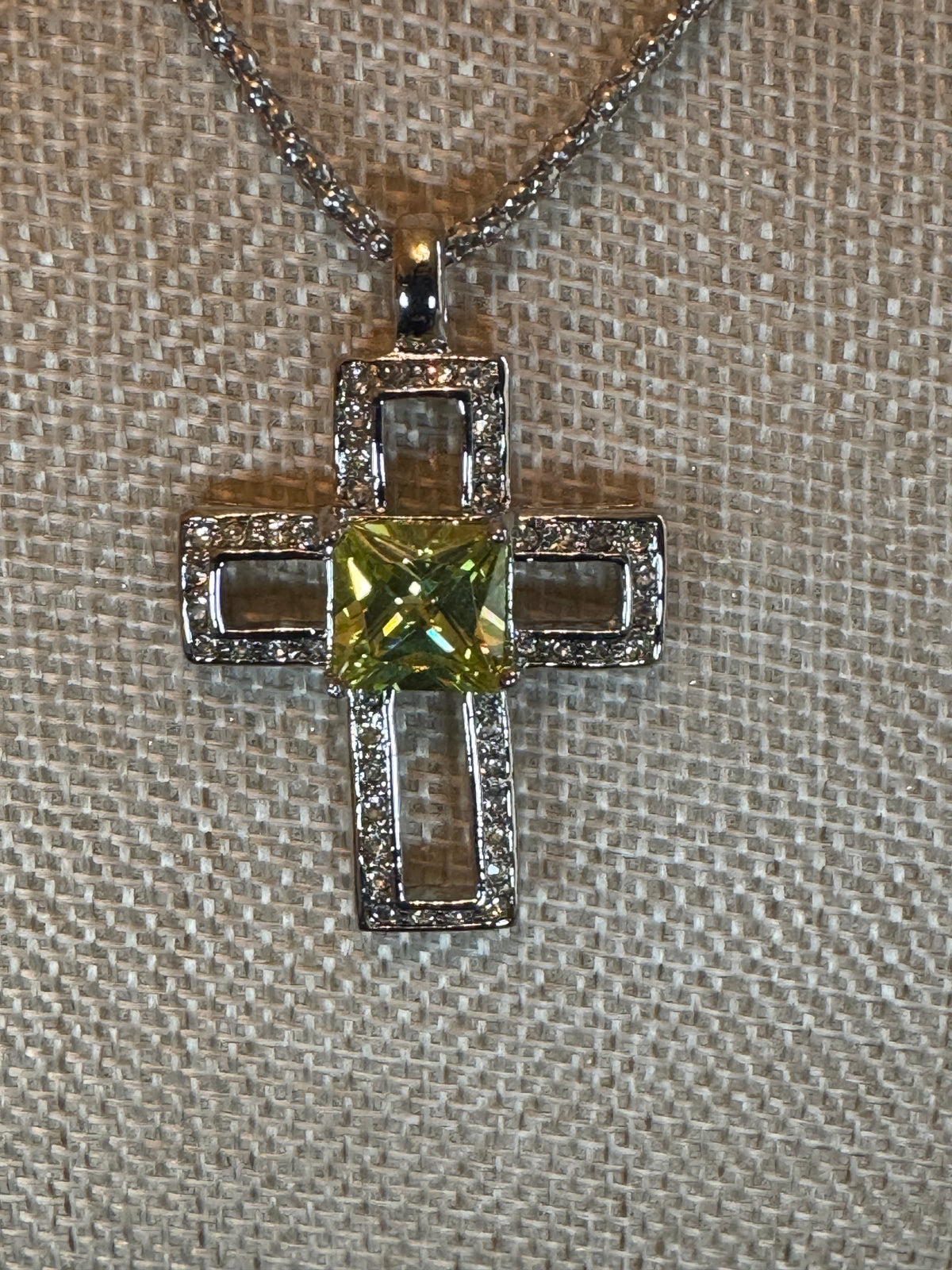 Silver Tone Cross with Yellow Glass Square Stone and Crystals Pendant Necklace