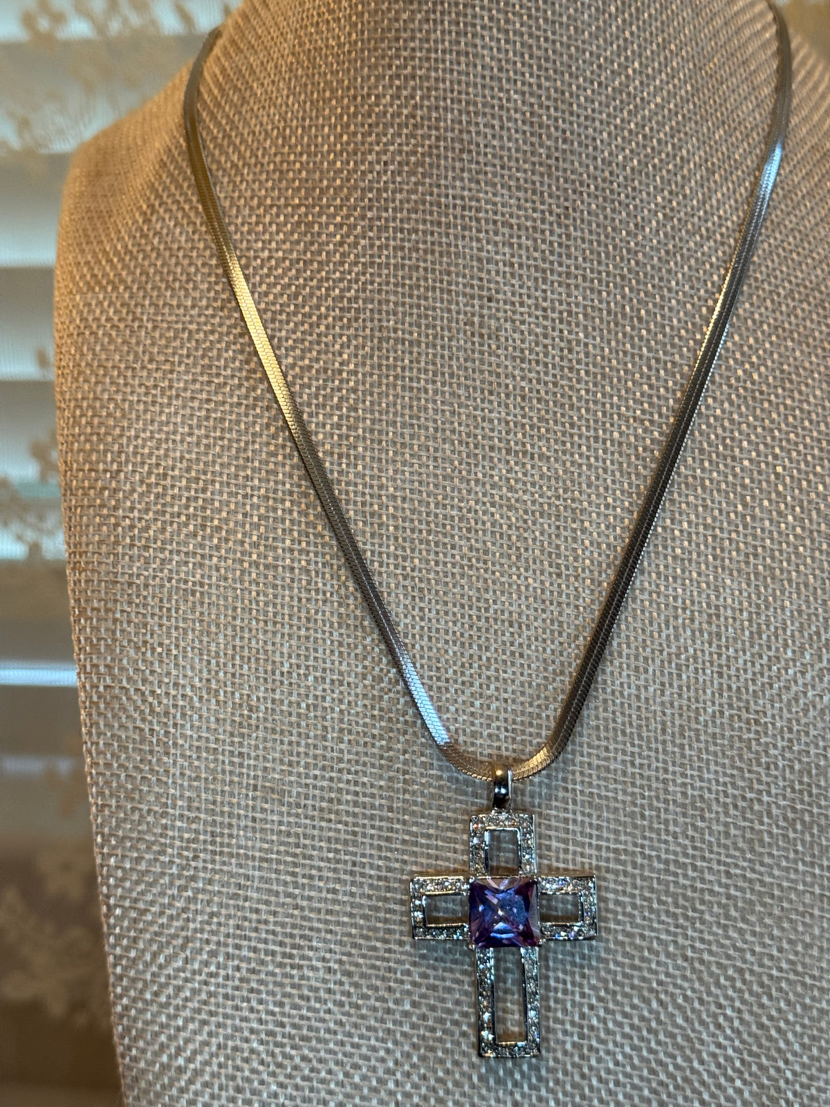 Silver Tone Cross with Purple Glass Square Stone and Crystals Pendant Necklace