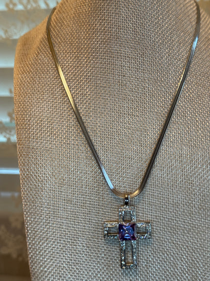 Silver Tone Cross with Purple Glass Square Stone and Crystals Pendant Necklace