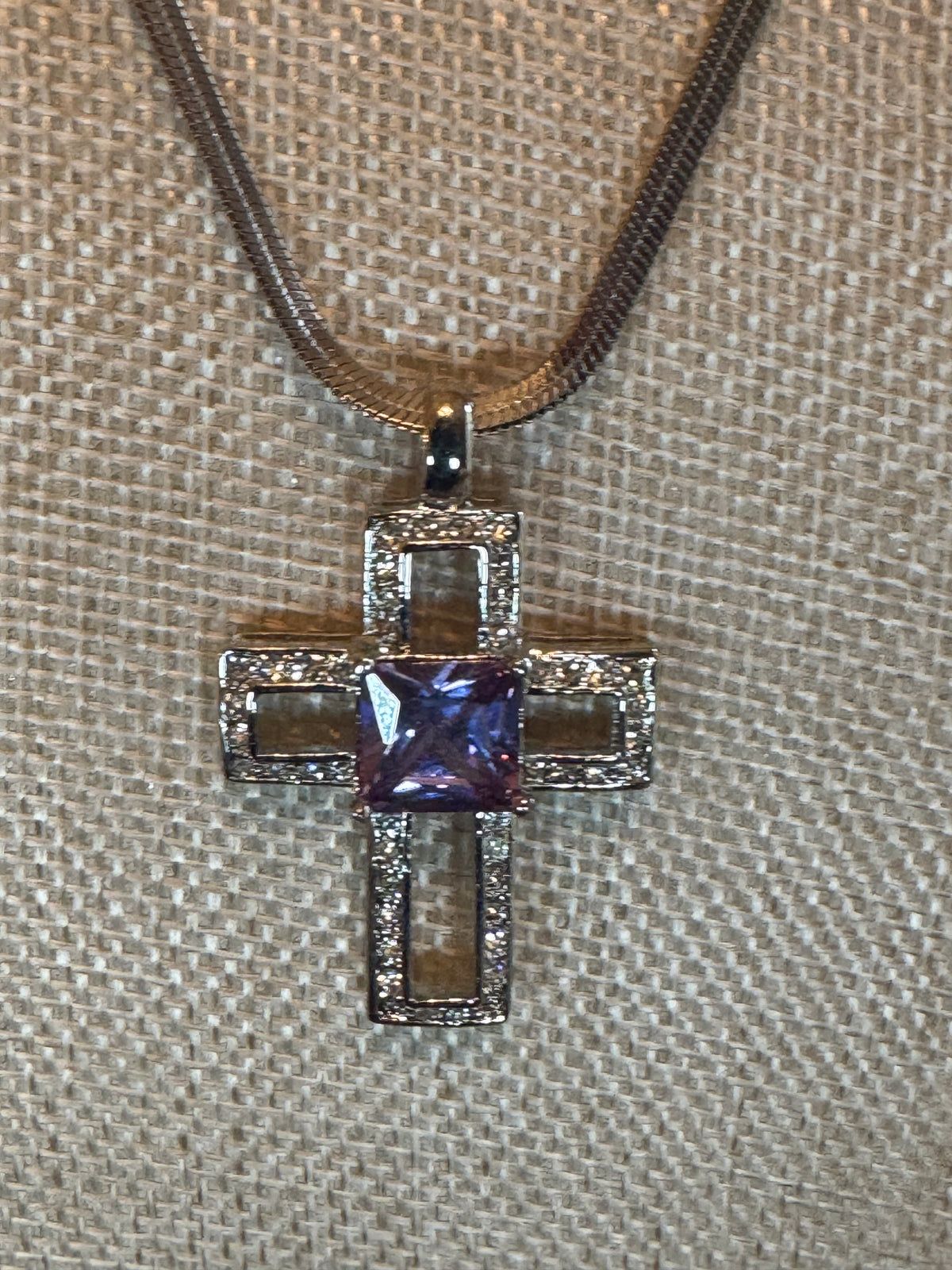 Silver Tone Cross with Purple Glass Square Stone and Crystals Pendant Necklace