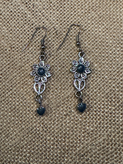 Vintage Blue Crystal Heart Filigree Dangle Earrings