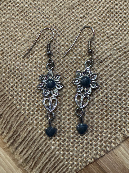 Vintage Blue Crystal Heart Filigree Dangle Earrings