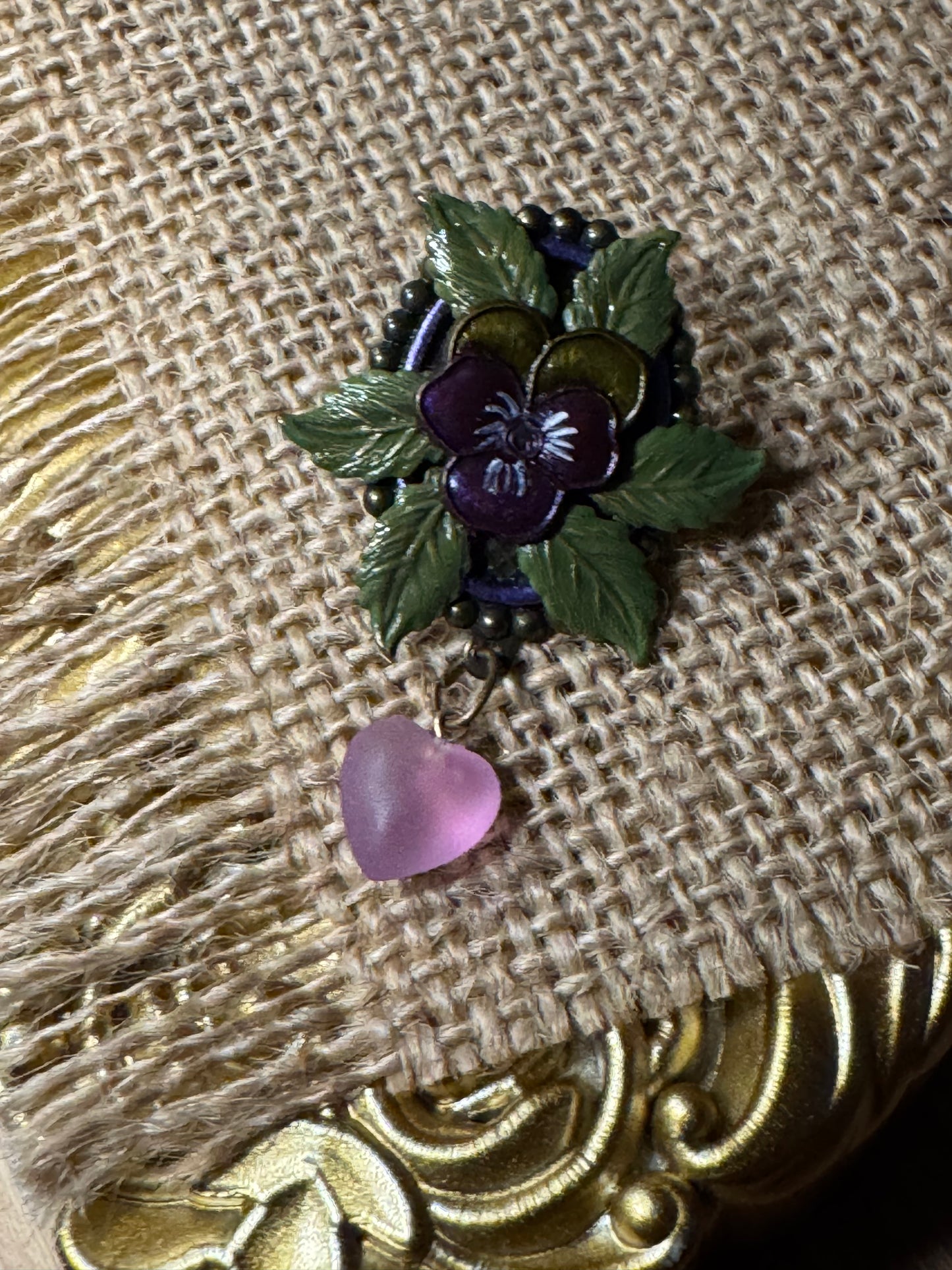 Vintage Purple Floral Brooch with Dangling Heart Charm - Rare Find!