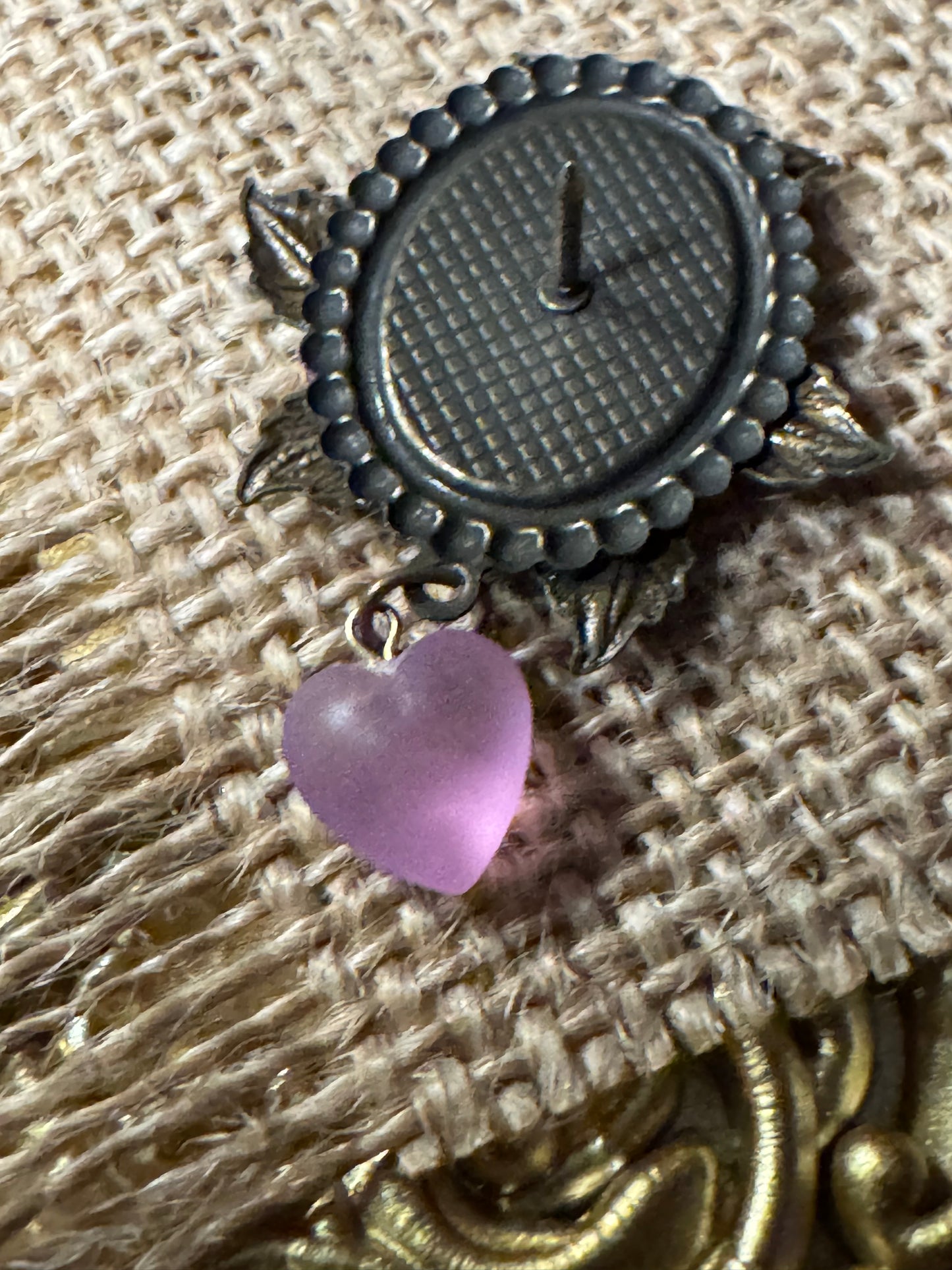 Vintage Purple Floral Brooch with Dangling Heart Charm - Rare Find!