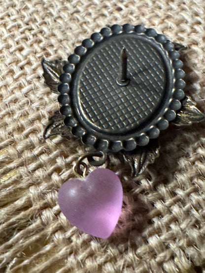Vintage Purple Floral Brooch with Dangling Heart Charm - Rare Find!