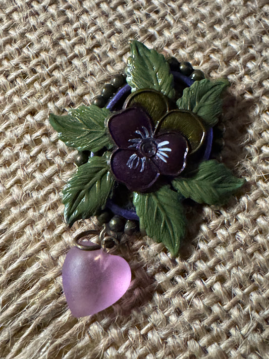 Vintage Purple Floral Brooch with Dangling Heart Charm - Rare Find!