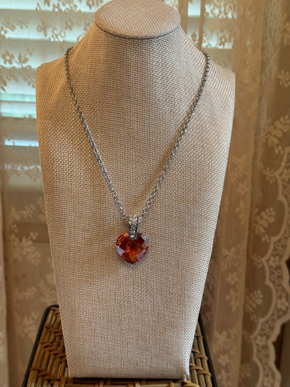Vintage Red Glass Heart Pendant Necklace