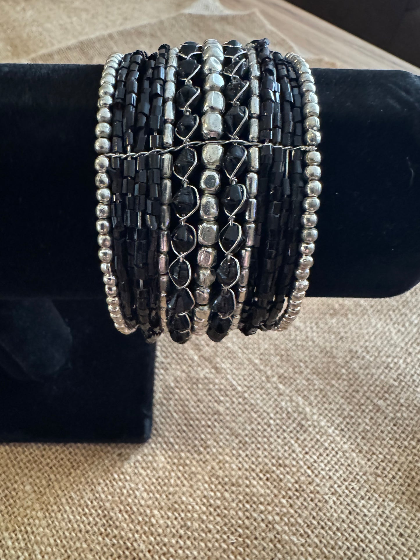 Midnight Silver Beaded Cuff Bracelet