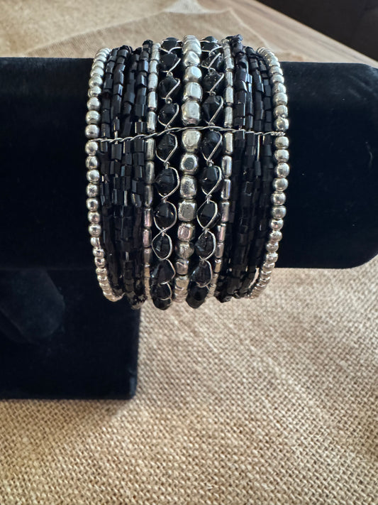 Midnight Silver Beaded Cuff Bracelet
