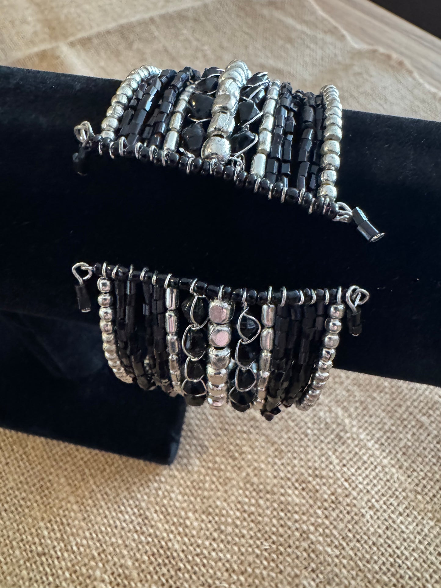 Midnight Silver Beaded Cuff Bracelet