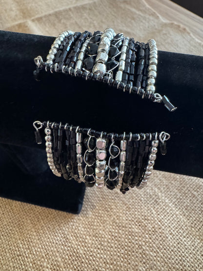 Midnight Silver Beaded Cuff Bracelet