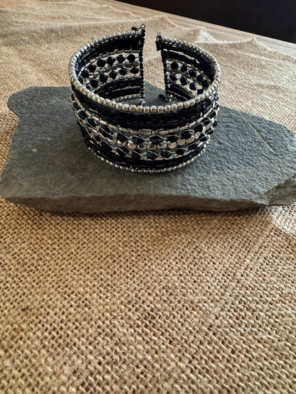 Midnight Silver Beaded Cuff Bracelet
