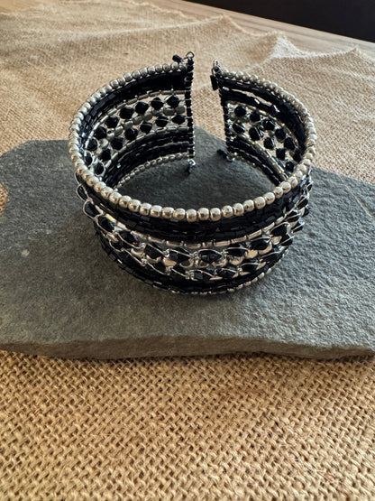 Midnight Silver Beaded Cuff Bracelet