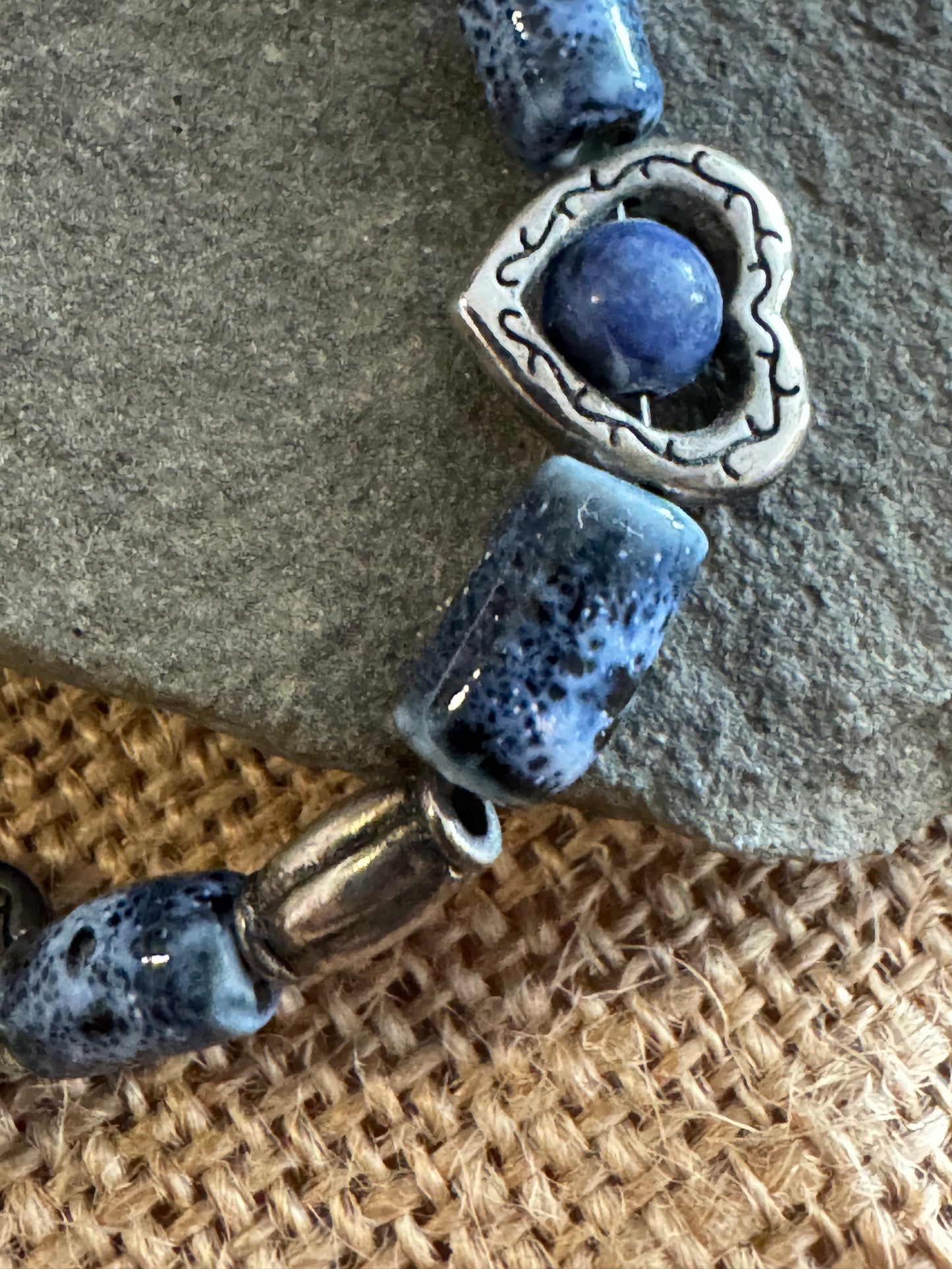Sodalite & Silver Heart Beaded Bracelet