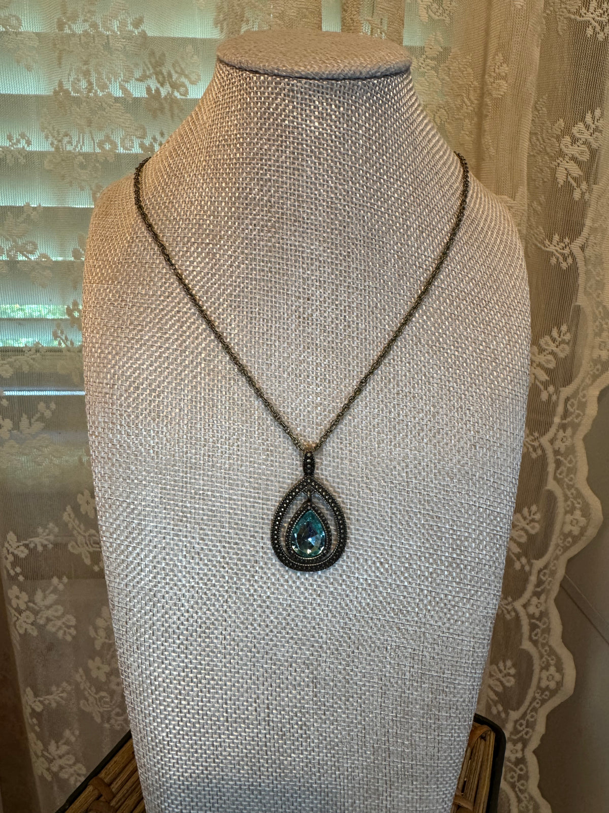 Vintage Style Pendant Necklace with Antique Gold Tone and Blue Crystal
