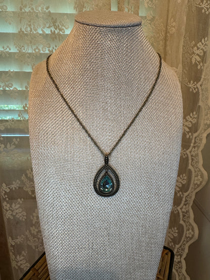 Vintage Style Pendant Necklace with Antique Gold Tone and Blue Crystal