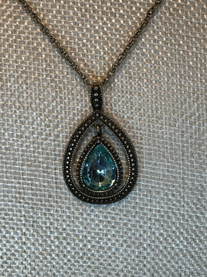 Vintage Style Pendant Necklace with Antique Gold Tone and Blue Crystal