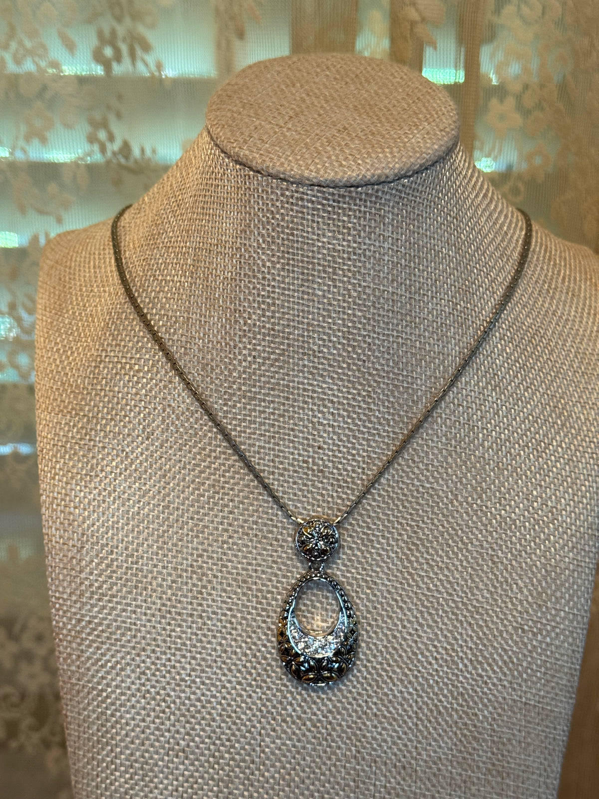 Vintage-Inspired Silver & Gold Tone Pendant Necklace with Pave Crystal Accents
