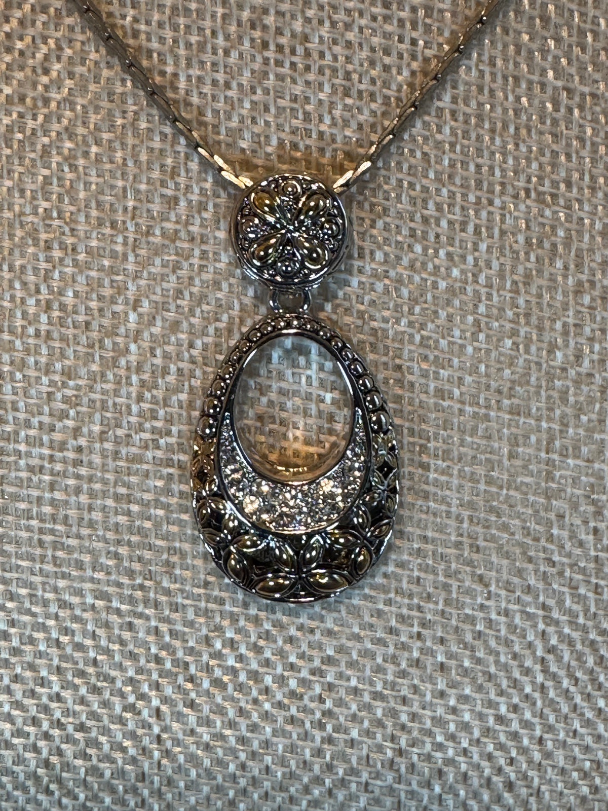 Vintage-Inspired Silver & Gold Tone Pendant Necklace with Pave Crystal Accents