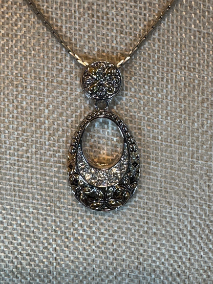 Vintage-Inspired Silver & Gold Tone Pendant Necklace with Pave Crystal Accents