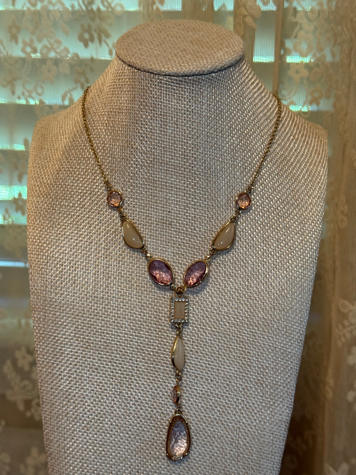 Gold Tone Necklace with Bezel Set Pink Faceted Crystals