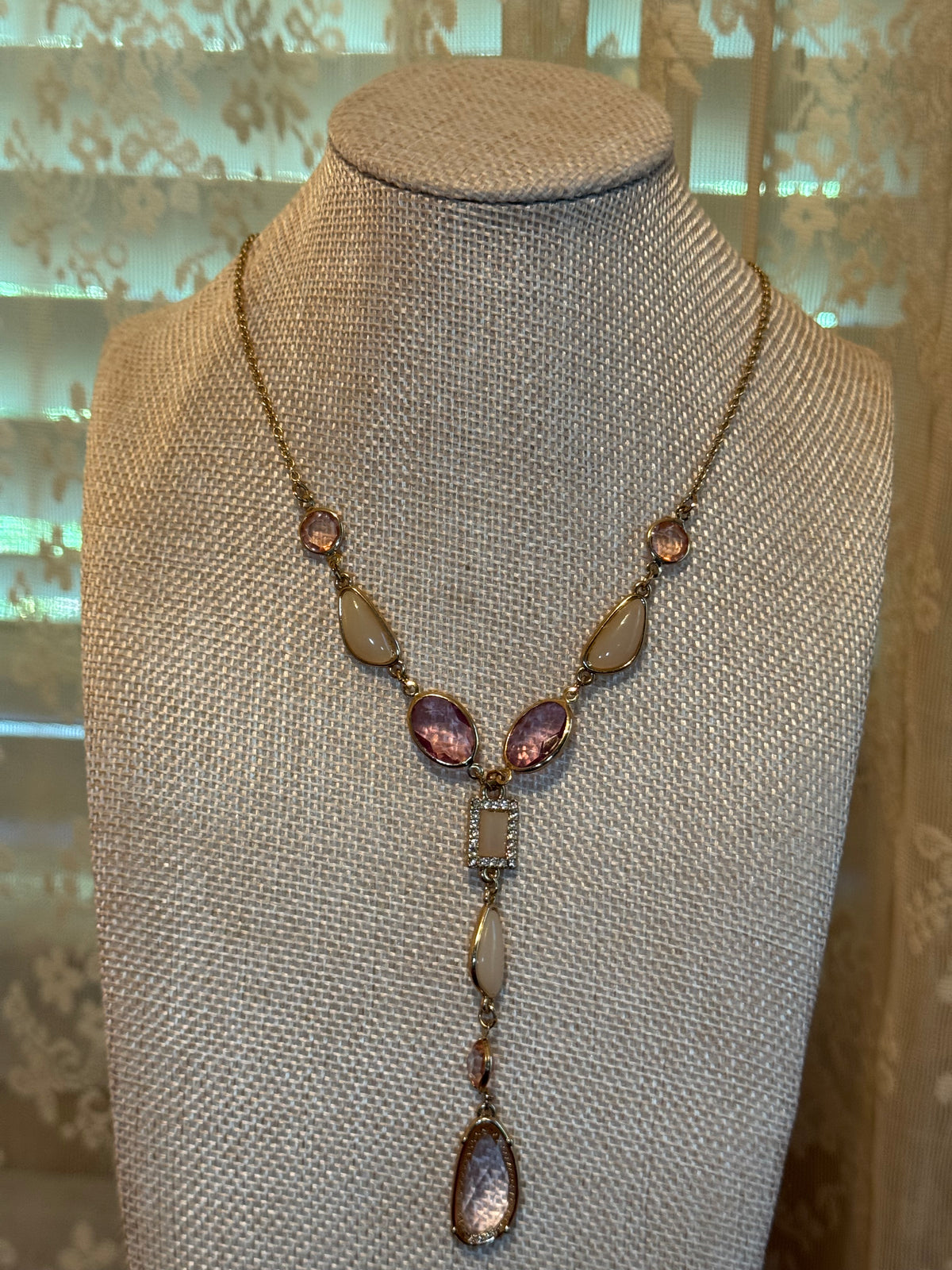 Gold Tone Necklace with Bezel Set Pink Faceted Crystals