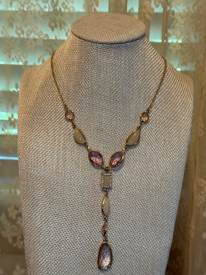 Gold Tone Necklace with Bezel Set Pink Faceted Crystals