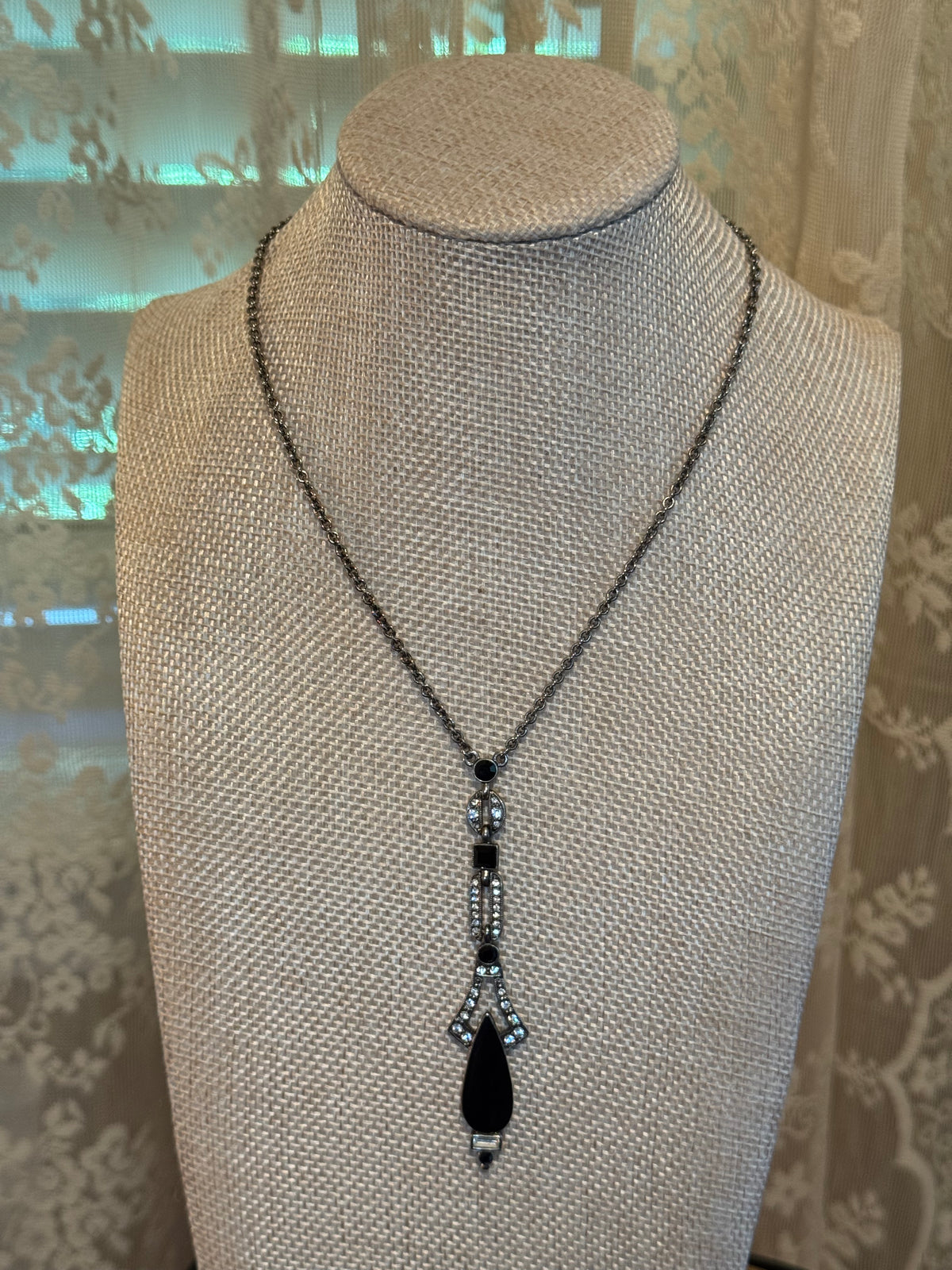 Silver Tone Black Faux Onxy and Crystal Necklace