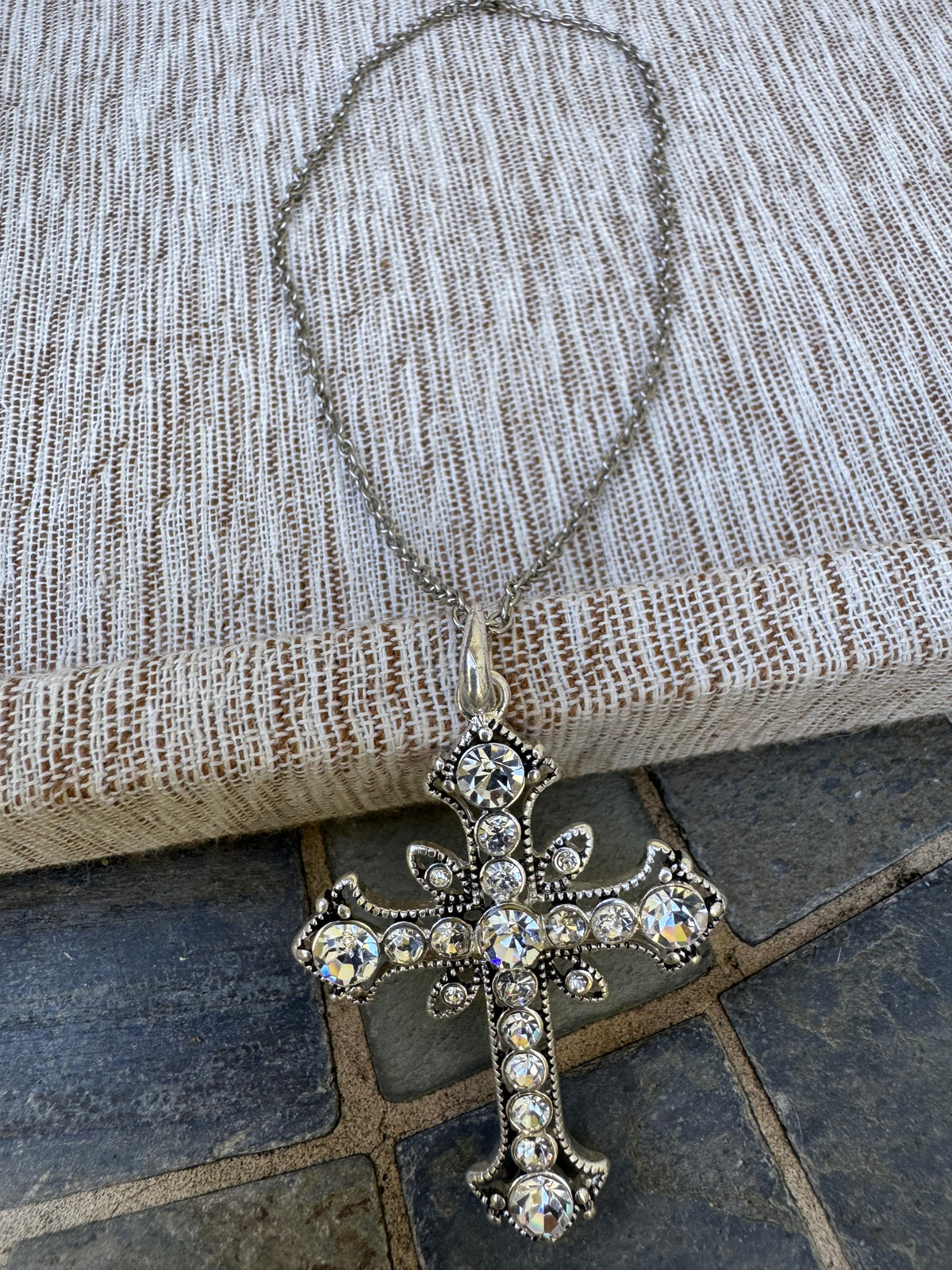 Silver Tone Cross Pendant Necklace with Clear Rhinestone Crystals