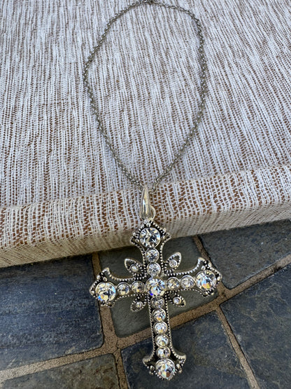 Silver Tone Cross Pendant Necklace with Clear Rhinestone Crystals