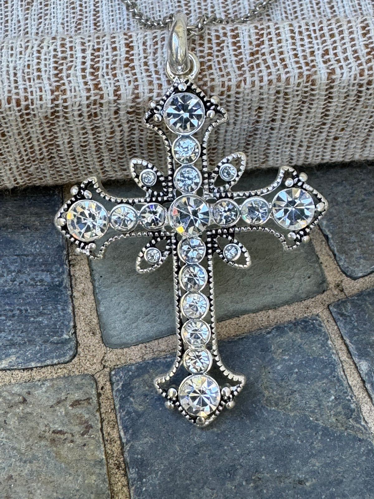Silver Tone Cross Pendant Necklace with Clear Rhinestone Crystals
