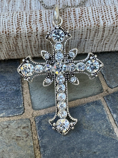 Silver Tone Cross Pendant Necklace with Clear Rhinestone Crystals