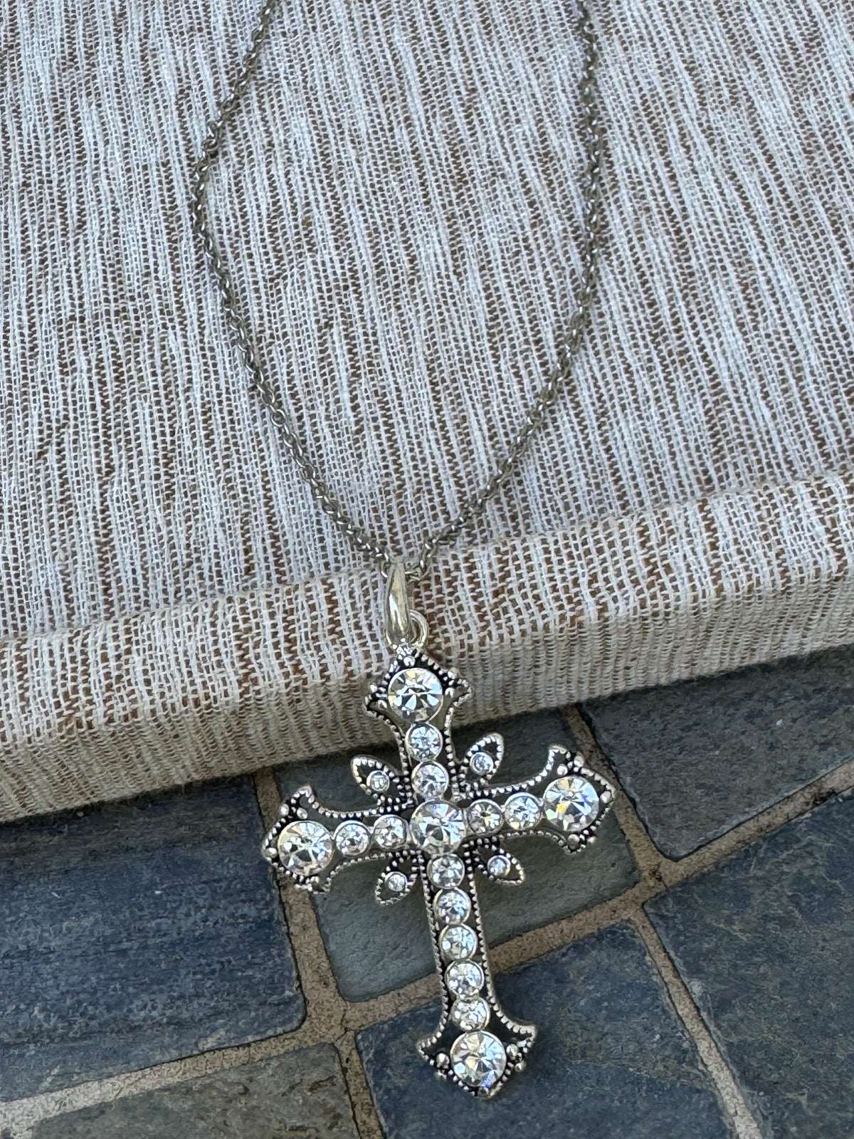 Silver Tone Cross Pendant Necklace with Clear Rhinestone Crystals