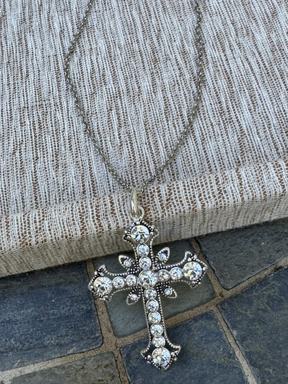 Silver Tone Cross Pendant Necklace with Clear Rhinestone Crystals