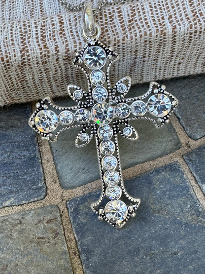 Silver Tone Cross Pendant Necklace with Clear Rhinestone Crystals