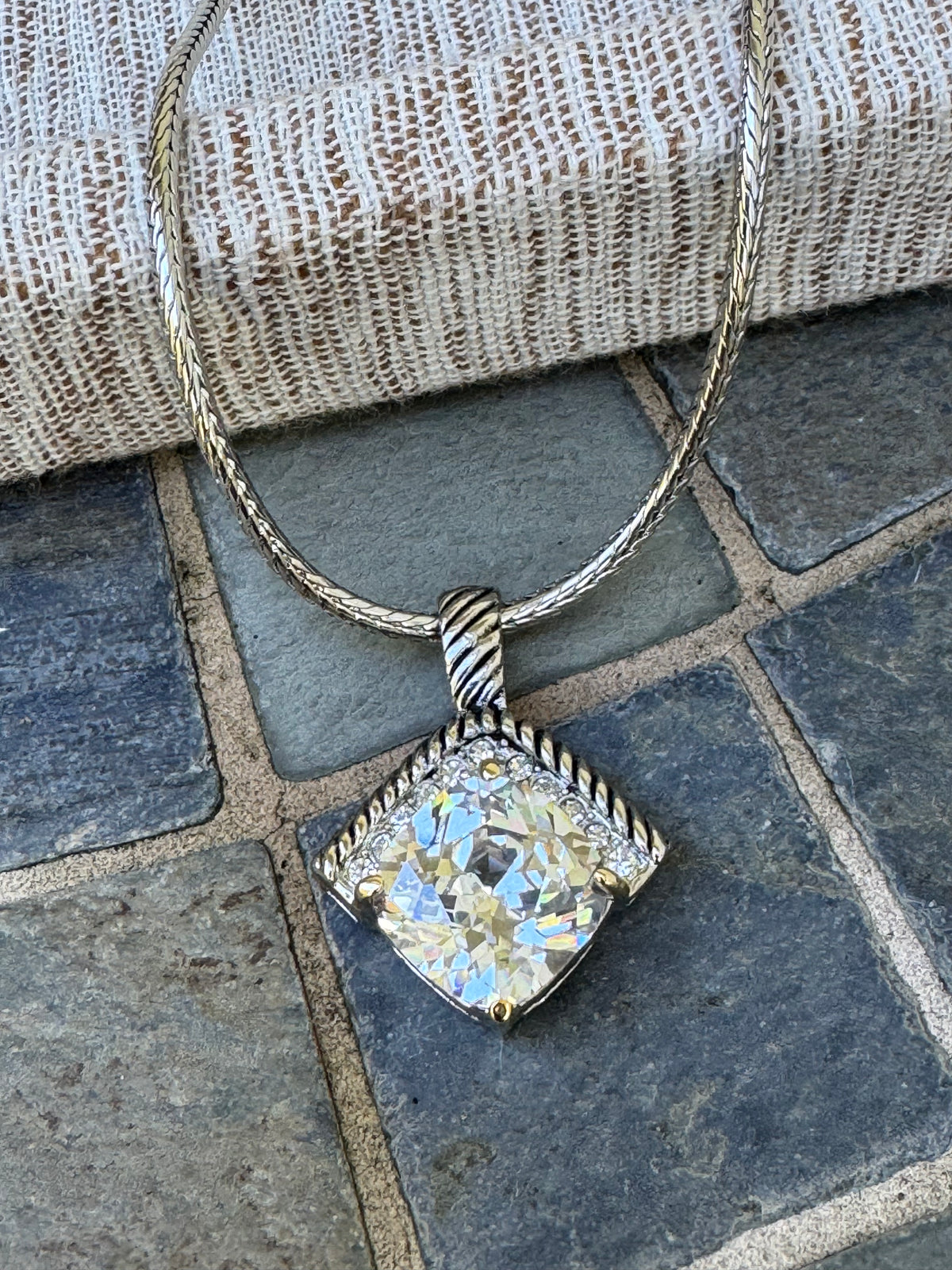 Silver Tone Pendant Necklace with Round Clear Crystal & Pave Crystal Accents